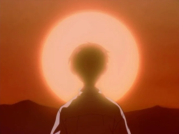 Neon Genesis Evangelion (1995) movie still: medium — A silhouette of a boy stands before an oversized, vibrant orange sun in a wasteland. Dark hills…