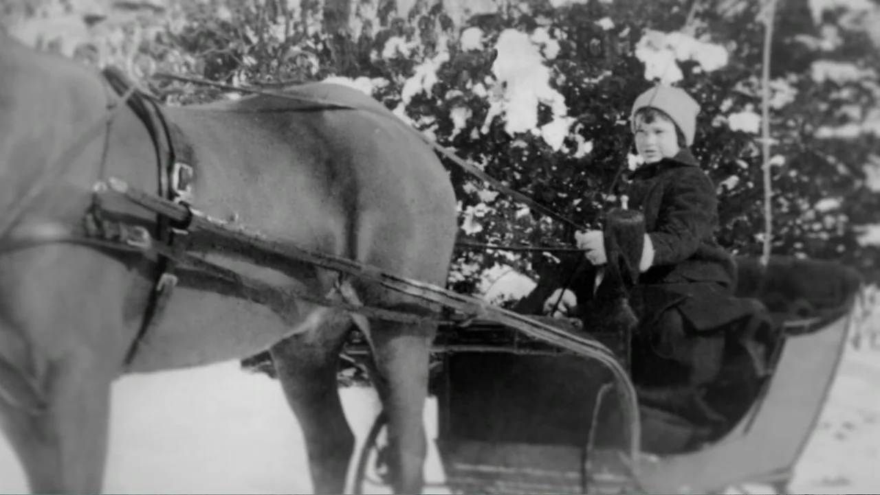 Nothing Left Unsaid: Gloria Vanderbilt & Anderson Cooper (2016) movie still: medium — A snow-covered outdoor setting features a large horse pulling…