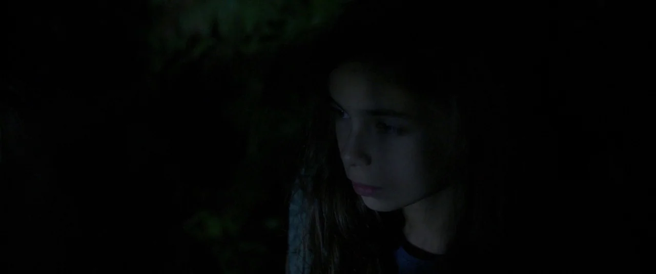 Mustang (2015) movie still: closeup — A dark environment surrounds a young person in a dimly lit room. The subject looks towards the side while…