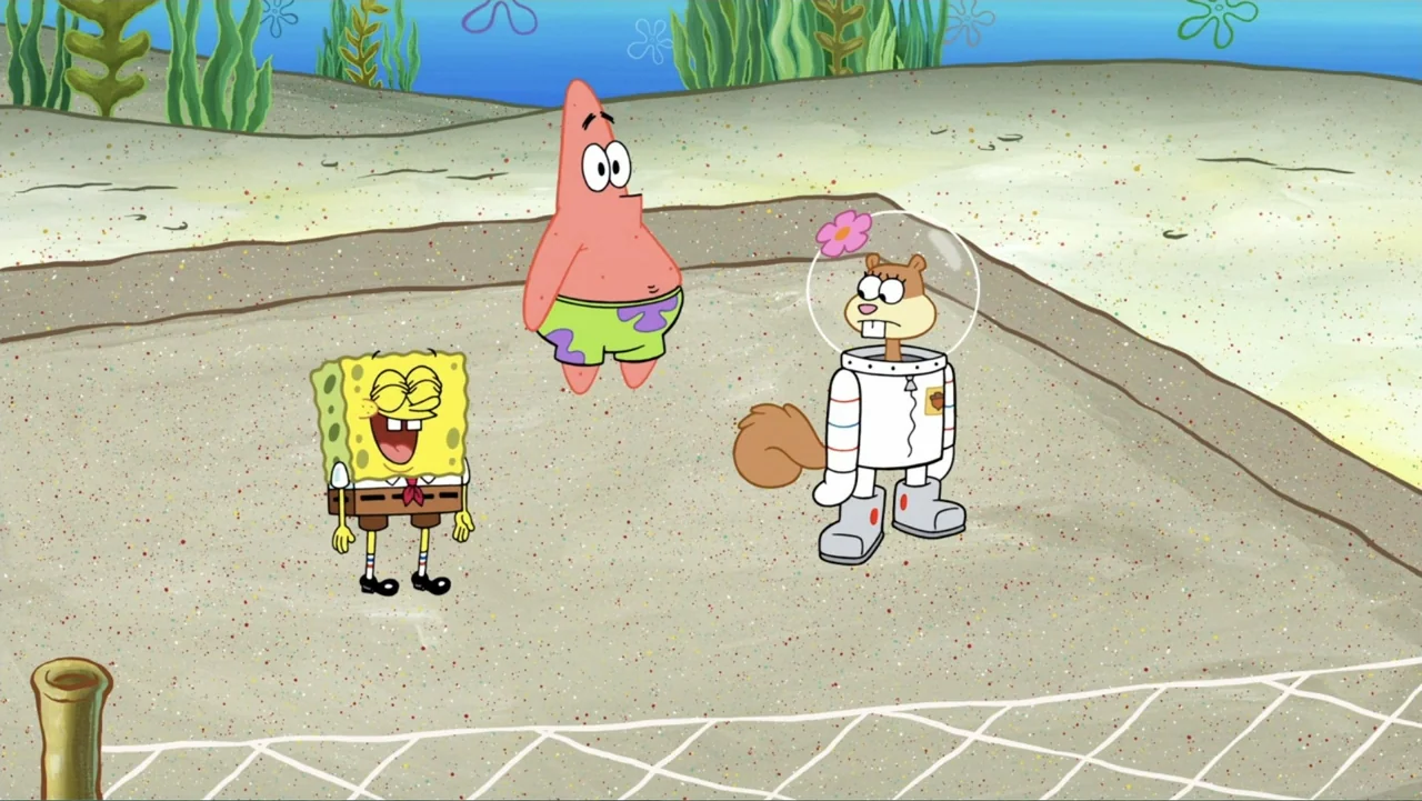 SpongeBob Squarepants: Kreepaway Kamp (2024) movie still: fullbody — Three animated characters stand on a sandy surface in an underwater…