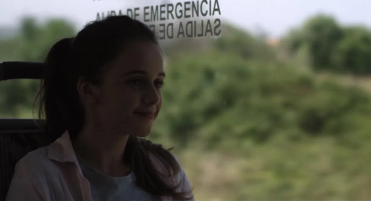 Newton's Third Law (2017) movie still: medium — A young female passenger sits inside a bus with a blurred green landscape moving past. The girl…