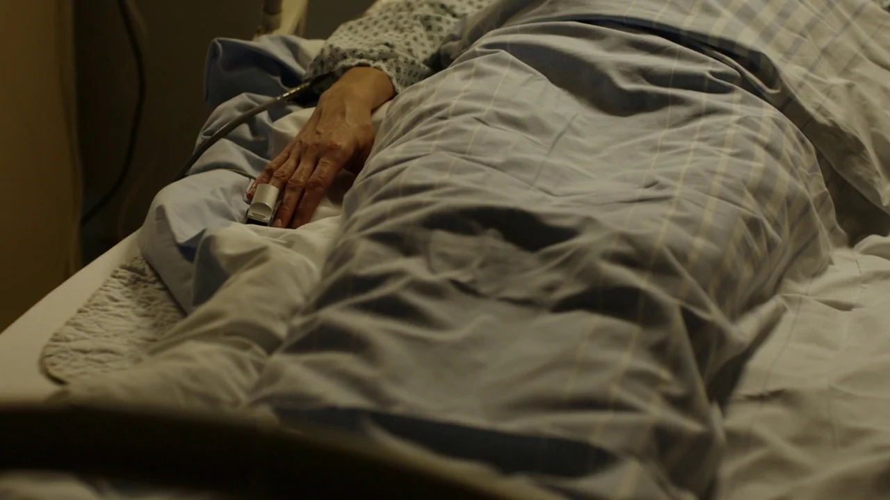 Museum Hours (2012) movie still: medium — A hospital bed is covered in light blue and white checked fabric sheets. A patient's hand wearing a pulse…
