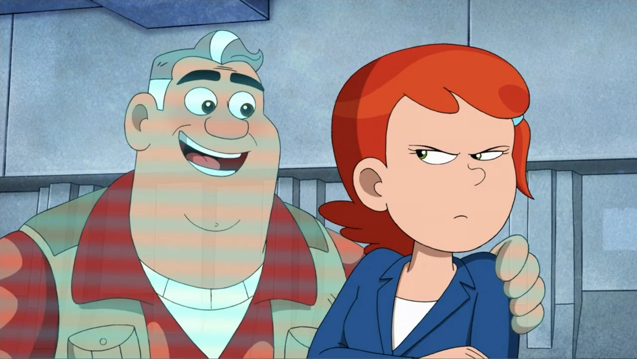 Ben 10: Ben 10,010 (2021) movie still: medium — An interior hallway with plain walls and clean digital rendering. A smiling older man stands behind…