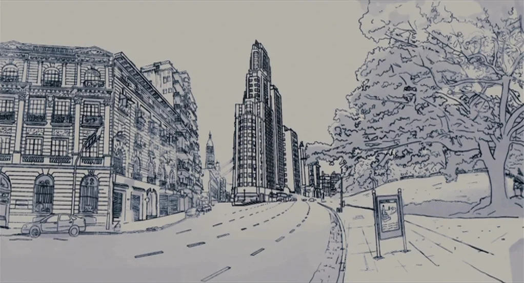 Sidewalls (2011) movie still: establishing — A hand-drawn ink illustration depicts a wide city street flanked by historic buildings. Large trees…