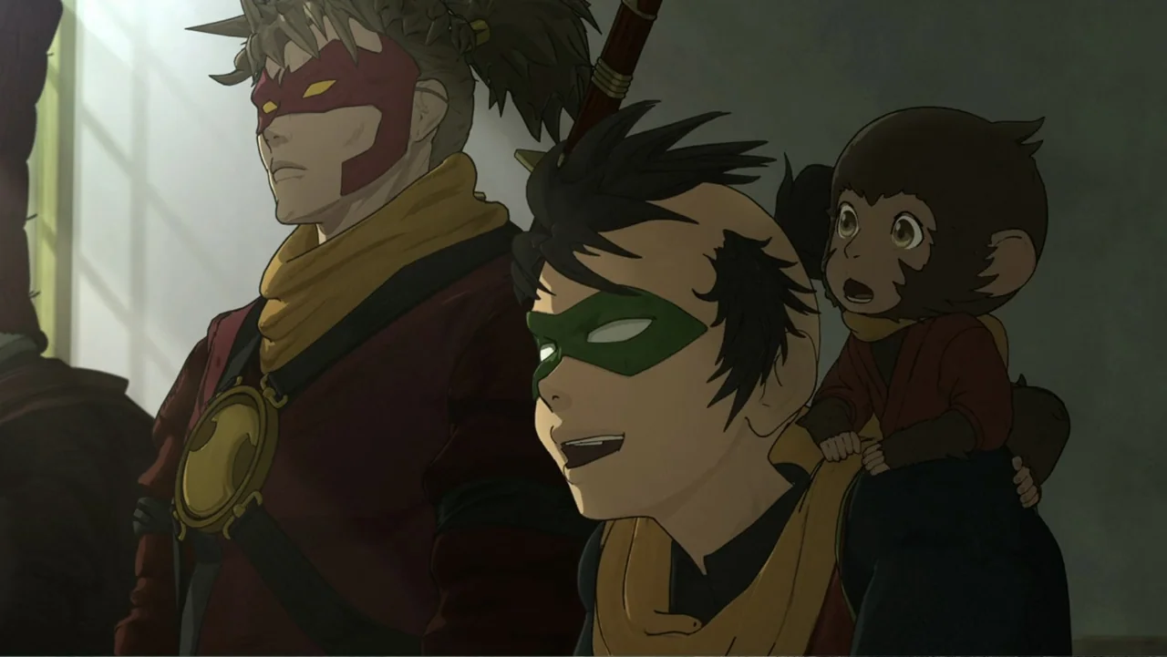 Batman Ninja vs. Yakuza League (2025) movie still: medium — An interior stone corridor with filtered sunlight streaming in from a side window. Three…