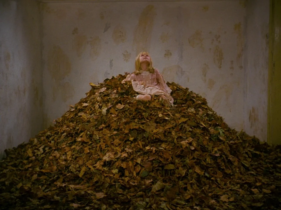 Alice (1988) movie still: fullbody — A desolate room with peeling, stained walls filled with a massive heap of autumn leaves. A young blonde girl in…