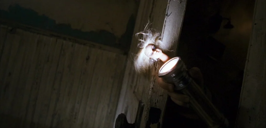Tideland (2005) movie still: closeup — A dimly lit, weathered space with peeling wall paint and dark wooden paneling. A hand holds a flashlight that…