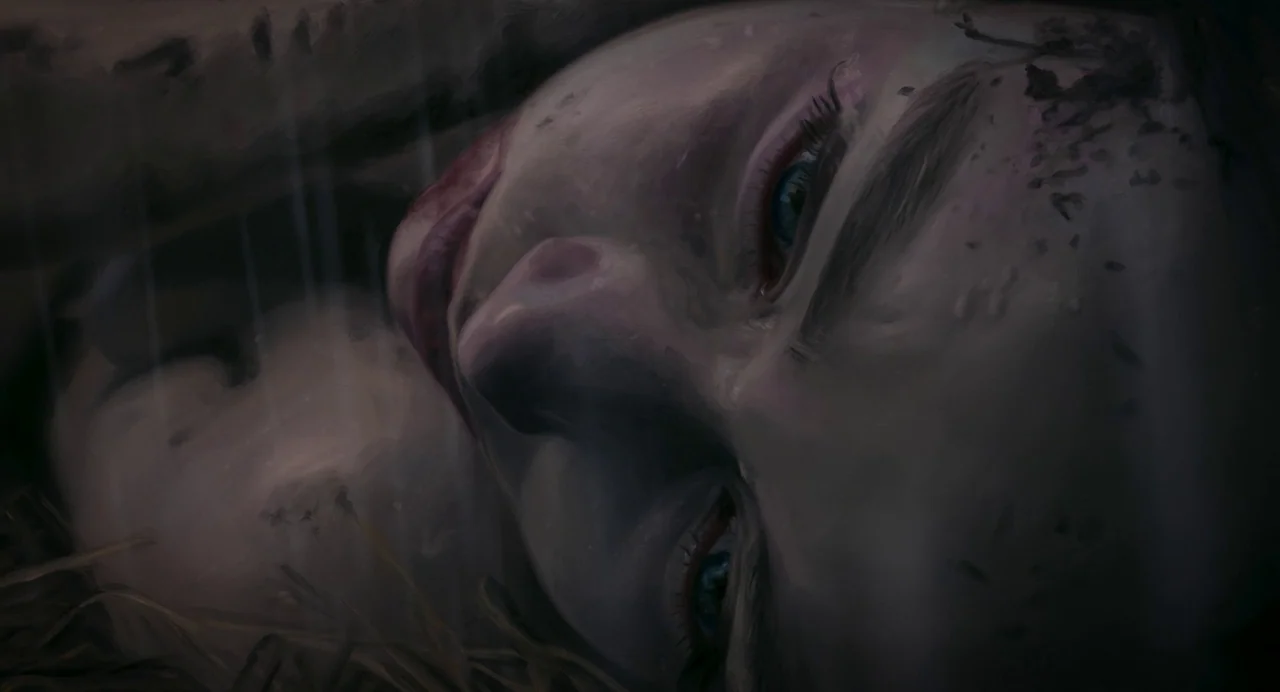The Peasants (2023) movie still: closeup — A dark, wet outdoor surface covered in dirt and rain droplets. A woman lies partially submerged in mud…