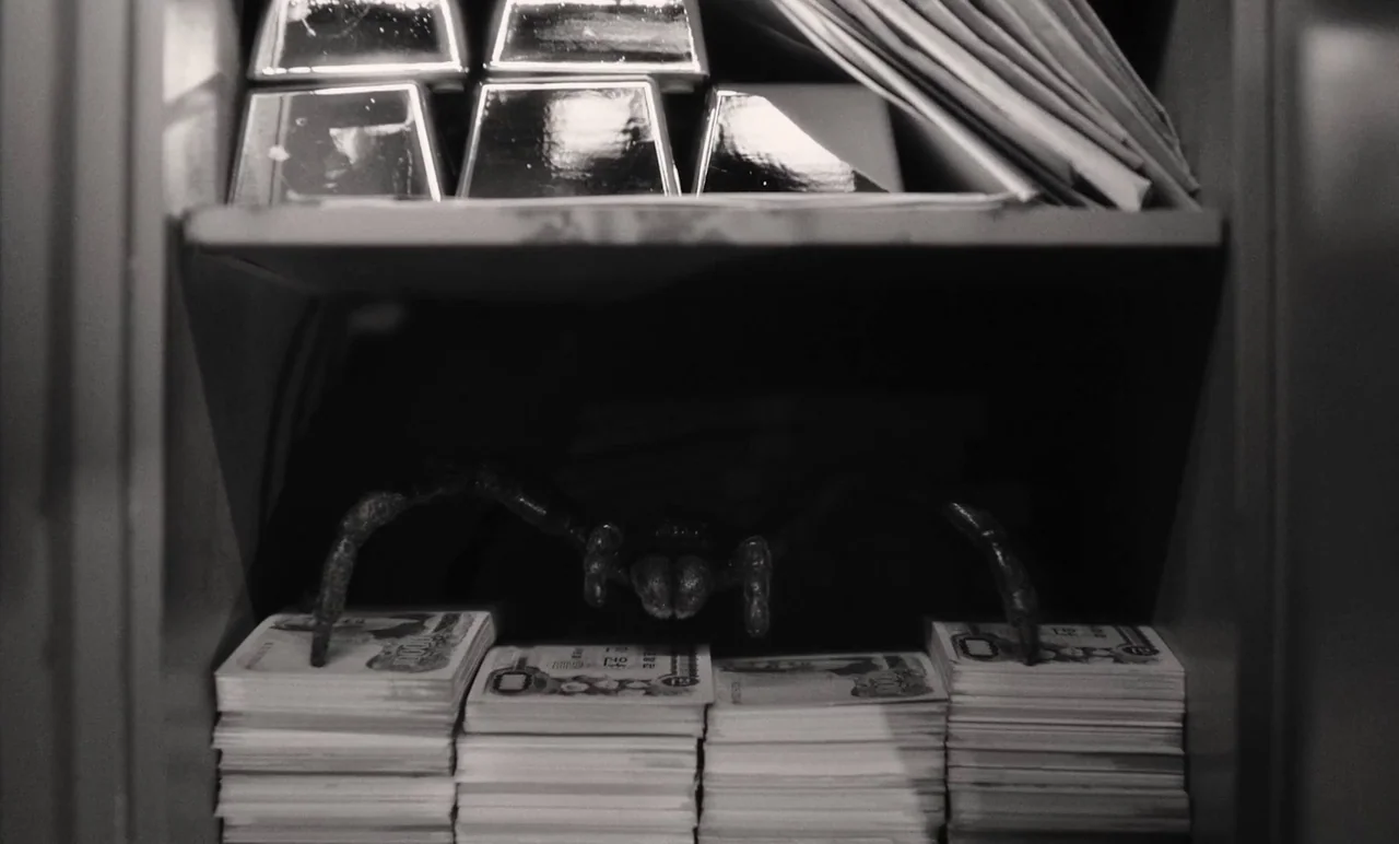 Cobweb (거미집) (2023) movie still: closeup — A metal safe interior contains stacks of Japanese yen notes and gold bars. A large dark insect stands…