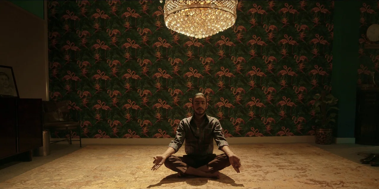 The White Tiger (2021) movie still: medium — A man sits in the middle of a room with dark flamingo patterned wallpaper. A large crystal chandelier…