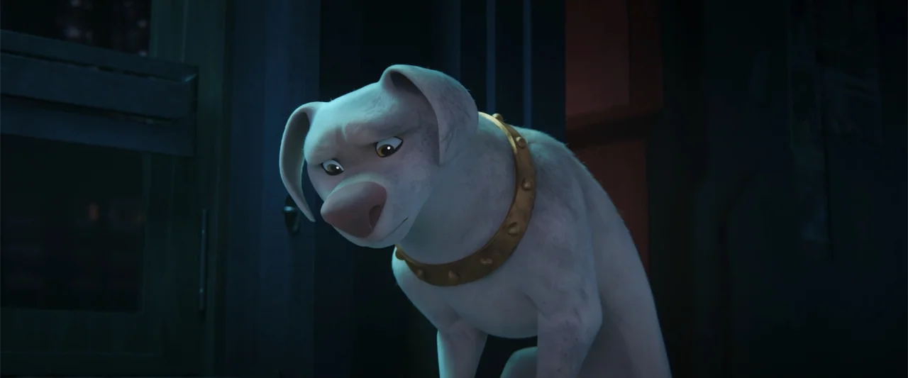 DC League of Super-Pets (2022) movie still: medium — A dark indoor hallway with minimalist architectural details is partially obscured by deep…
