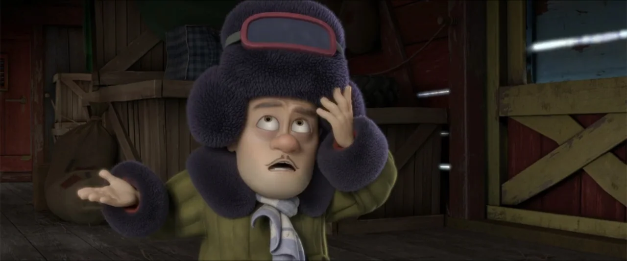 Boonie Bears: A Mystical Winter (2015) movie still: medium — A man stands inside a wooden barn with horizontal beams and brown floorboards. The man…