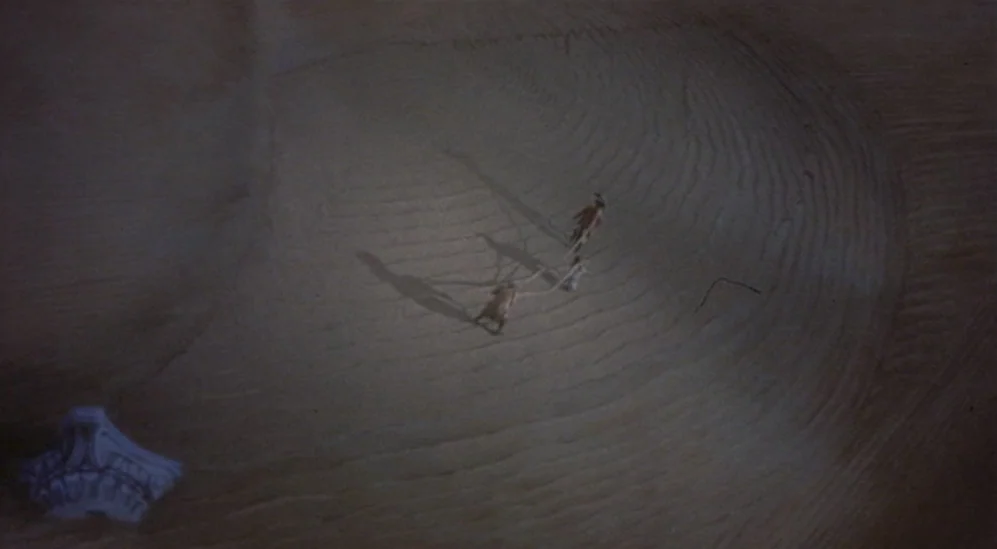 The Adventures Of Baron Munchausen (1988) movie still: wide — A vast, rippled sand landscape stretches under a high-angle perspective. Two figures…