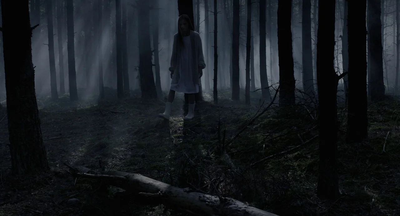 Hatching (2022) movie still: fullbody — A dense grove of pine trees is filled with heavy fog and light shafts. A young girl in white clothing stands…