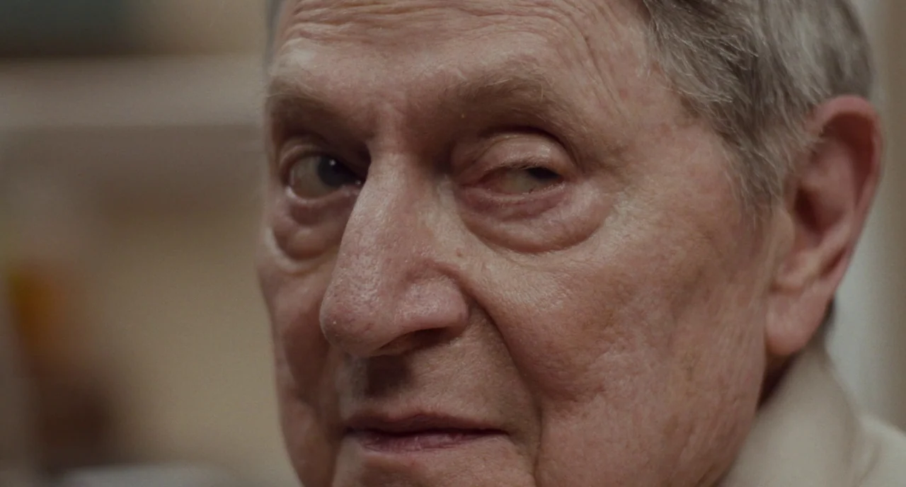 Christine (2016) movie still: closeup — A close-up view of an older man's face set against a blurred indoor background. The subject maintains a…