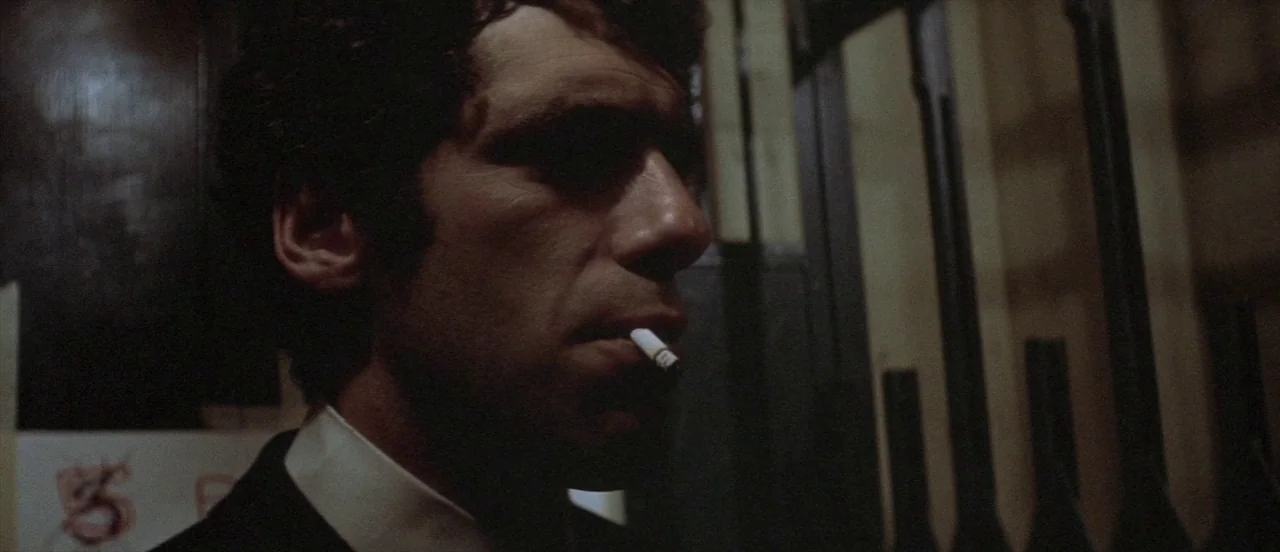The Long Goodbye (1973) movie still: closeup — A dimly lit room features rows of rifles mounted on the back wall. A man in a dark suit stands with a…