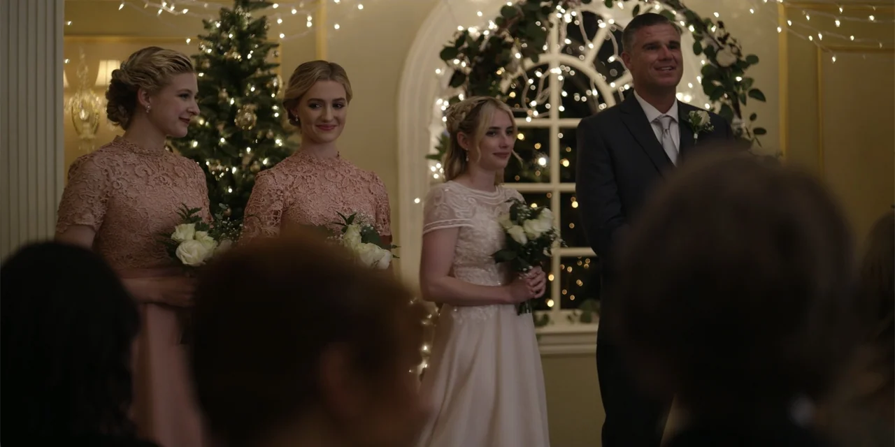 About Fate (2022) movie still: medium — An interior space decorated for a wedding ceremony features a large arched window. Three women in lace…