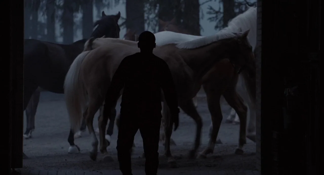 Foxcatcher (2014) movie still: fullbody — A dark, shadowed wooden doorway frames a view of a gravel yard at twilight. Multiple horses stand in the…