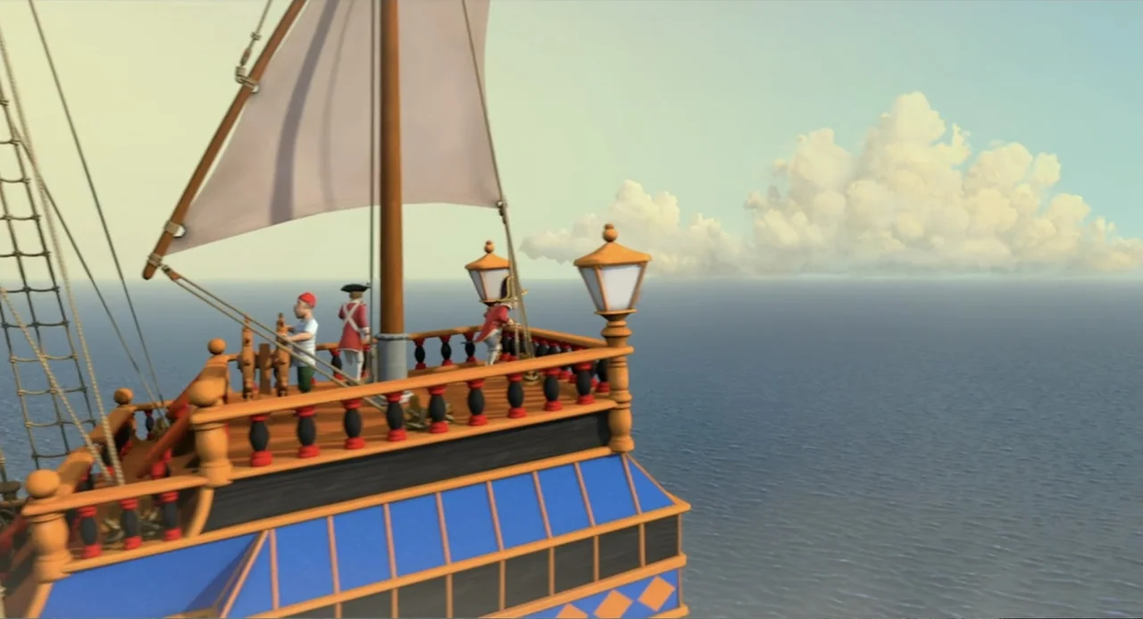 Capt'n Sharky (2018) movie still: wide — A stylized wooden ship sails on a calm sea under a clear sky. Three figures in period clothing stand on the…