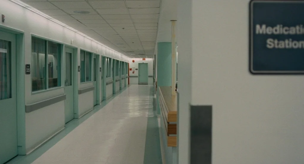 It’s Kind Of A Funny Story (2010) movie still: establishing — A long, sterile hospital corridor features rows of identical green doors along white…