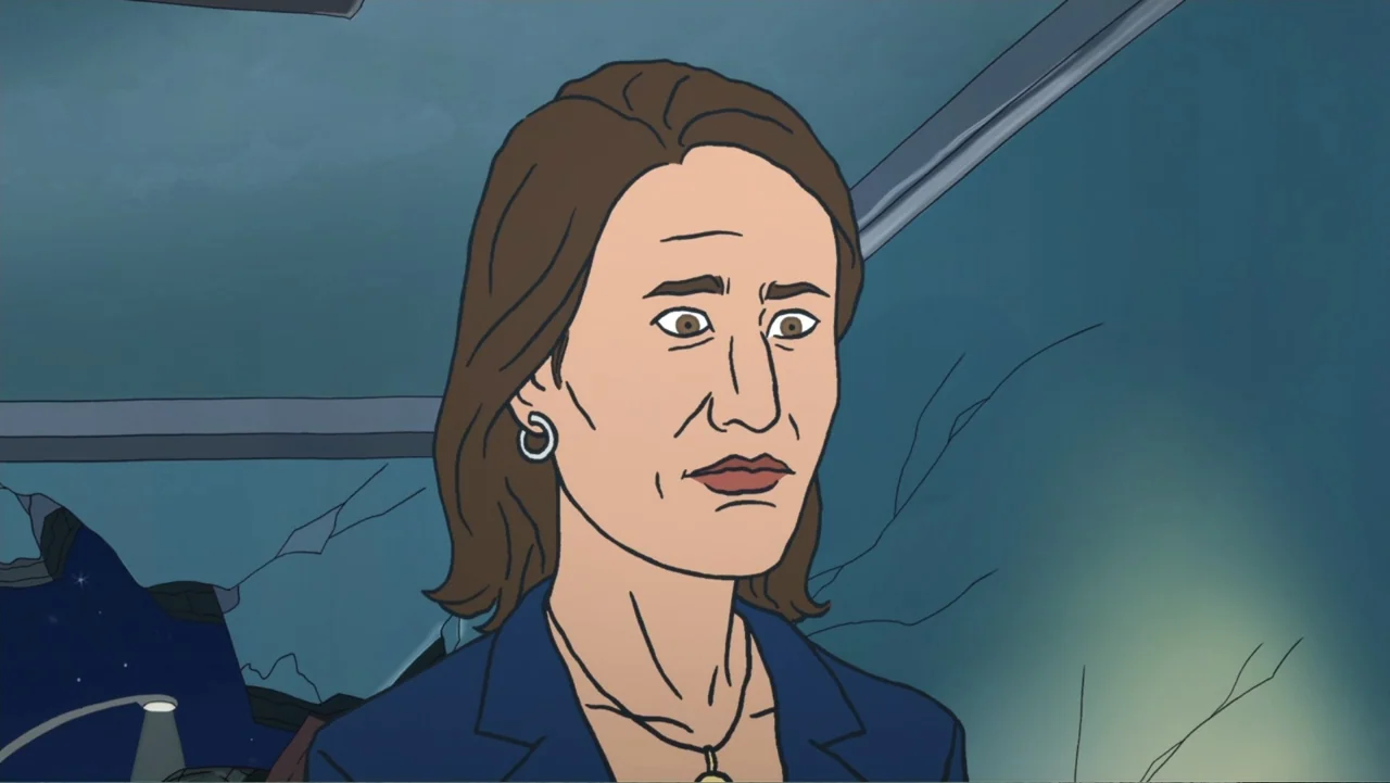 Beavis and Butt-Head Do the Universe (2022) movie still: closeup — A dark office environment at night features a blue wall with a window pane. A…