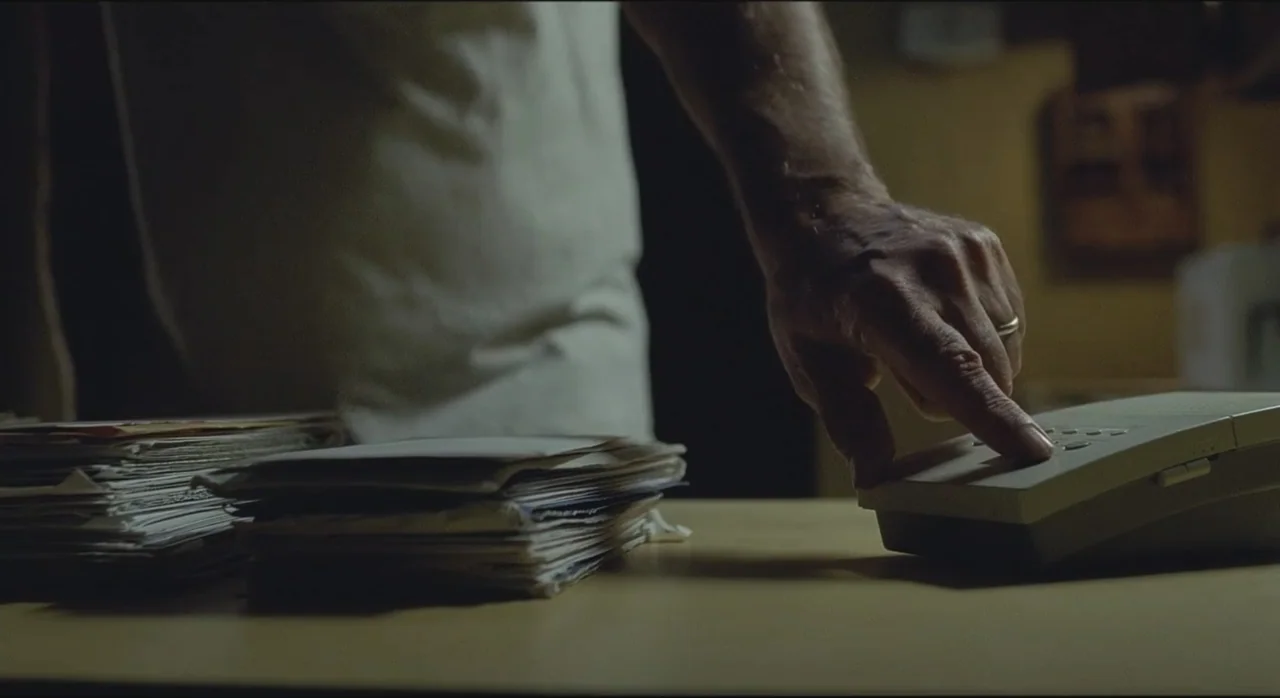 St. Vincent (2014) movie still: medium — A dimly lit desk features a stack of white envelopes next to a beige telephone. A man wearing a white shirt…