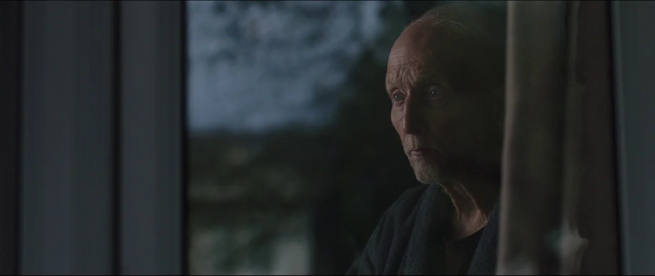 Jigsaw (2017) movie still: closeup — An elderly man peers through a windowpane at dusk. He is illuminated by the dim exterior light filtering…