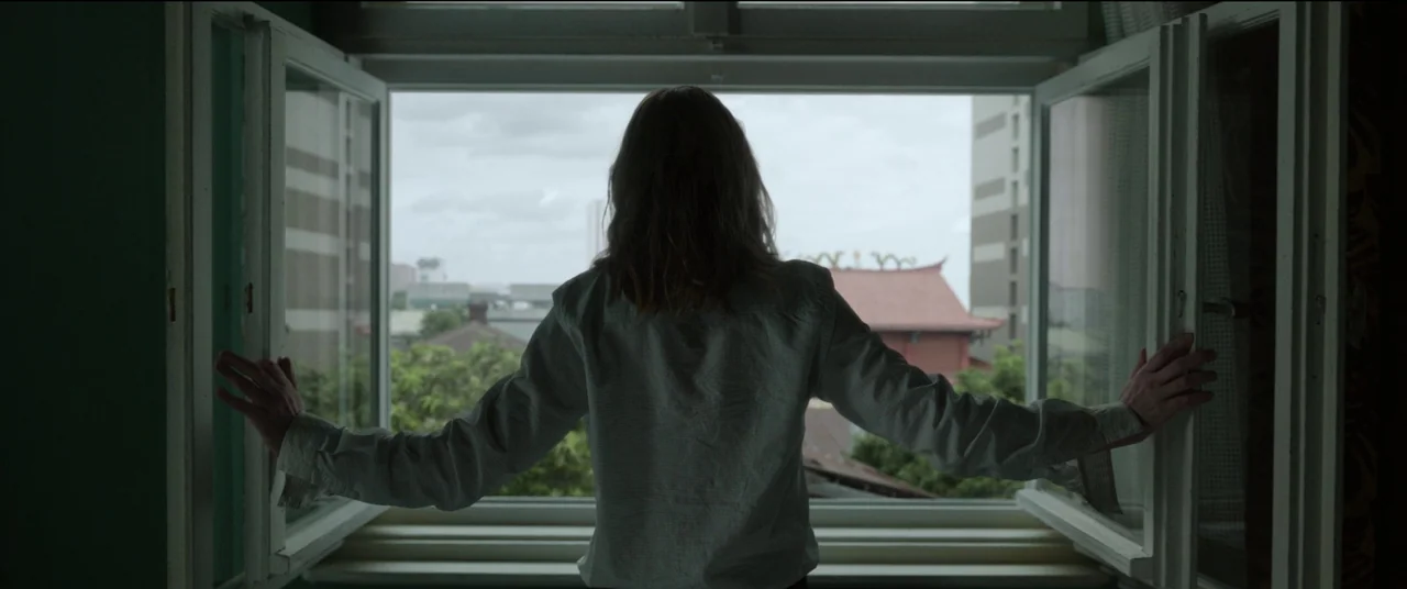 Tár (2022) movie still: medium — A person stands in a dim room before a wide-open window looking outward. They hold both sides of the window frame…