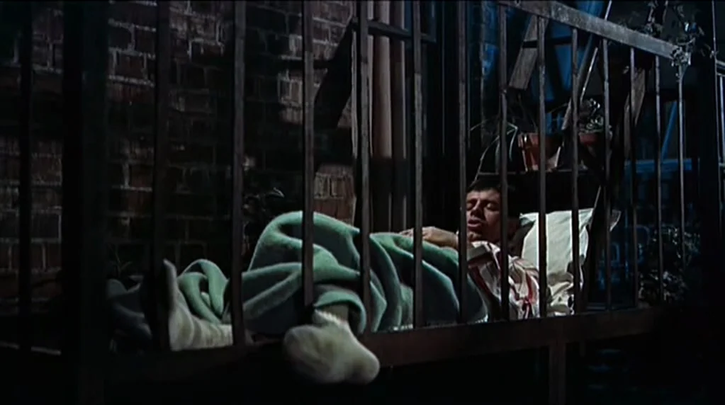 Artists and Models (1955) movie still: medium — A man sleeps on a metal cot positioned on a dark brick building fire escape. The setting is…