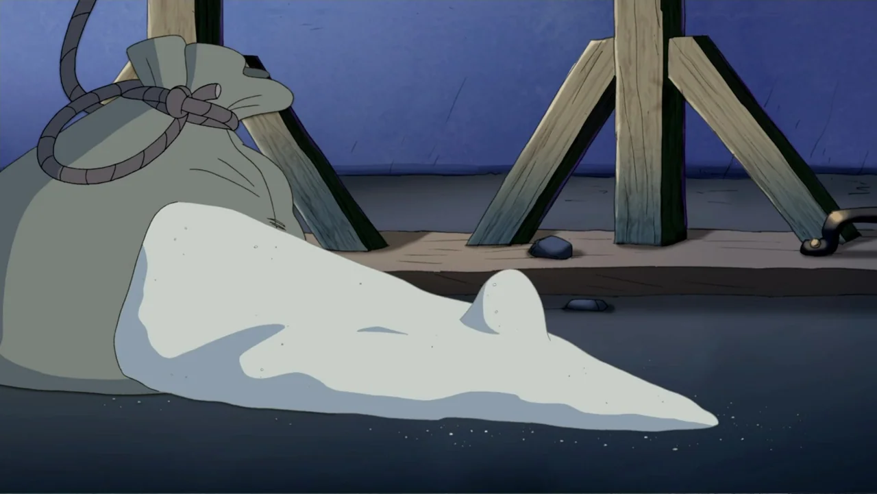 Tom and Jerry: Robin Hood and His Merry Mouse (2012) movie still: medium — A grey burlap sack sits on a dark floor near two vertical wooden beams.…