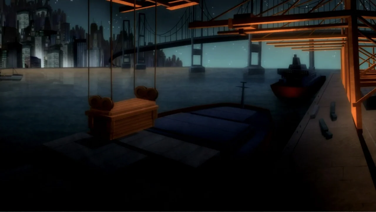 Batman: Assault on Arkham (2014) movie still: establishing — A nighttime harbor features a cargo crane suspended above a small boat at the pier. In…