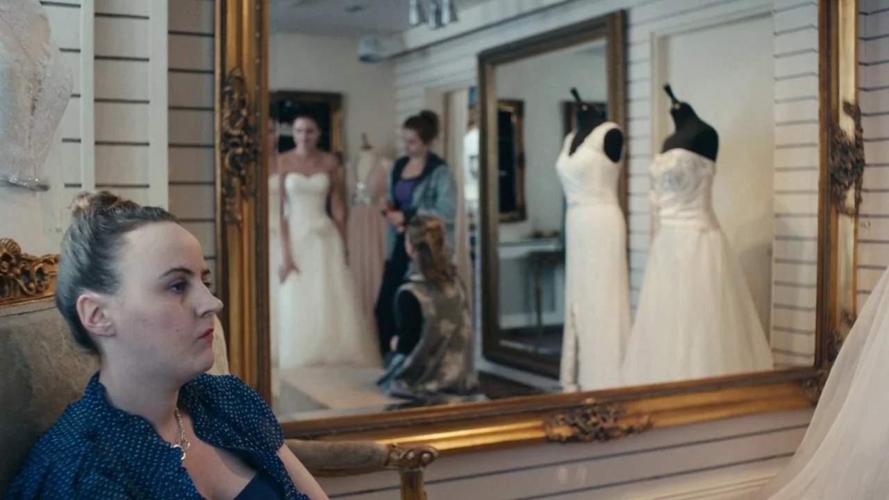 A Date for Mad Mary (2016) movie still: medium — A bridal shop interior features a large gold-framed mirror reflecting wedding dresses and people. A…