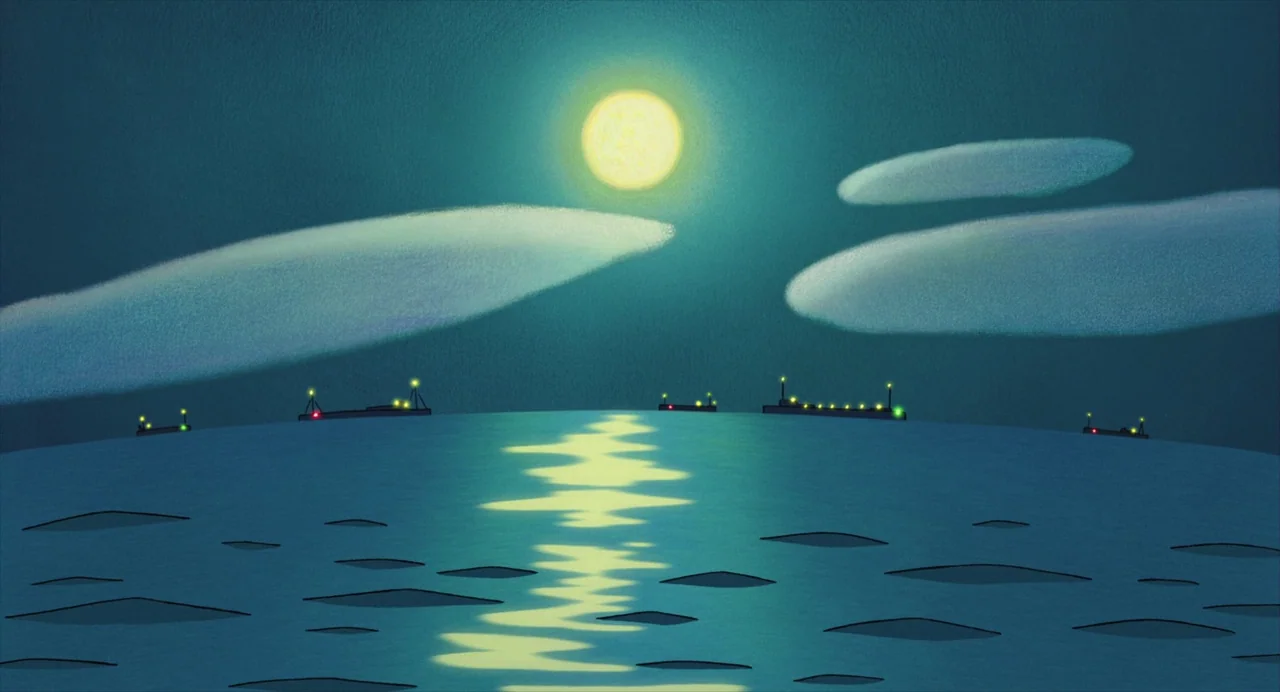 Ponyo (2008) movie still: establishing — A stylized animated ocean scene shows a full moon shining over calm dark water. Several distant cargo ships…