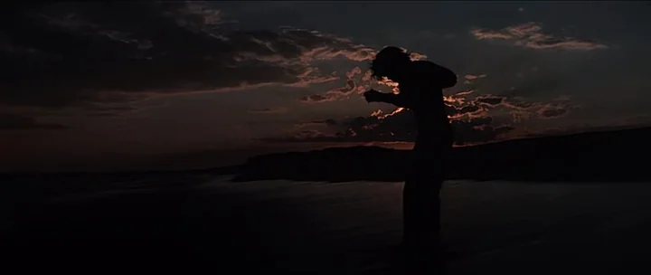 Jaws movie still: wide — A dark beach at dusk with waves gently lapping at the shore under clouds. A lone male figure stands in silhouette against…