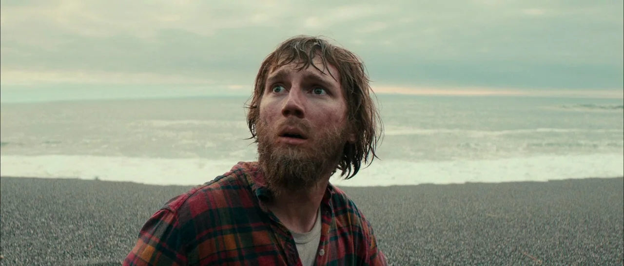 Swiss Army Man (2016) movie still: medium — A man with a wet beard and plaid shirt stands on a gray pebble beach. The ocean stretches into a hazy,…