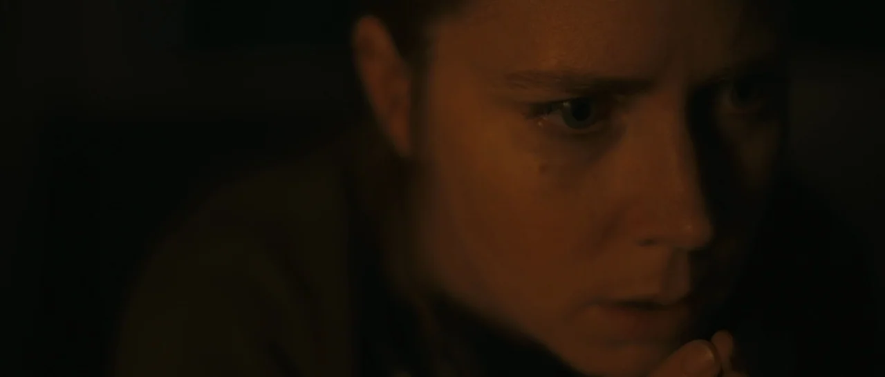 Arrival (2016) movie still: closeup — A dimly lit interior space with deep shadows obscuring the background. A person stares intently toward the…