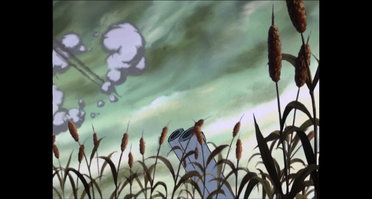 The Sissy Duckling (1999) movie still: establishing — A dense patch of brown cattails stands before a distant, hazy sky with smoke. Two metal pipes…