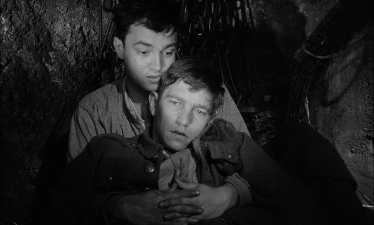 King & Country (1964) movie still: medium — Two men huddle together within a cramped underground enclosure with dirt and barbed wire walls. One man…