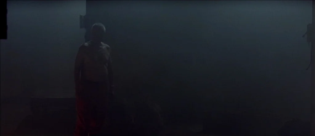 White Material (2009) movie still: fullbody — A very dark, minimalist interior space filled with thick shadows and ambient haze. A shirtless older…