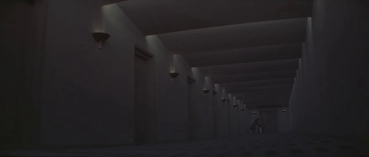Pink Floyd The Wall (1982) movie still: wide — A long, dimly lit hotel hallway stretches into the distance with repeating door frames. A woman…