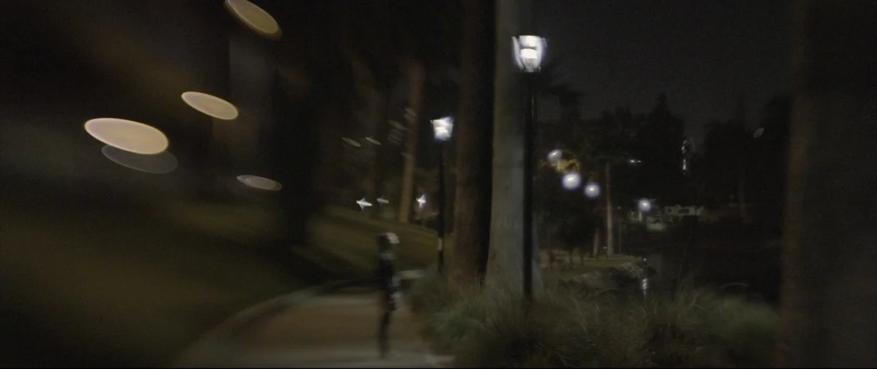 Sun Choke (2015) movie still: wide — A nighttime park path is lined with illuminated streetlamps and tall palm trees. Dark shadows obscure the…