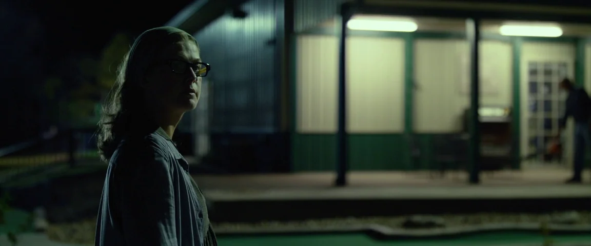 Gone Girl (2014) movie still: medium — A night exterior shot of a green-walled building with a brightly lit covered porch. A woman in glasses in the…