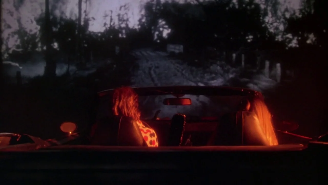 Natural Born Killers (1994) movie still: medium — Two people are seated inside a convertible vehicle at night, viewing a large projected screen. The…