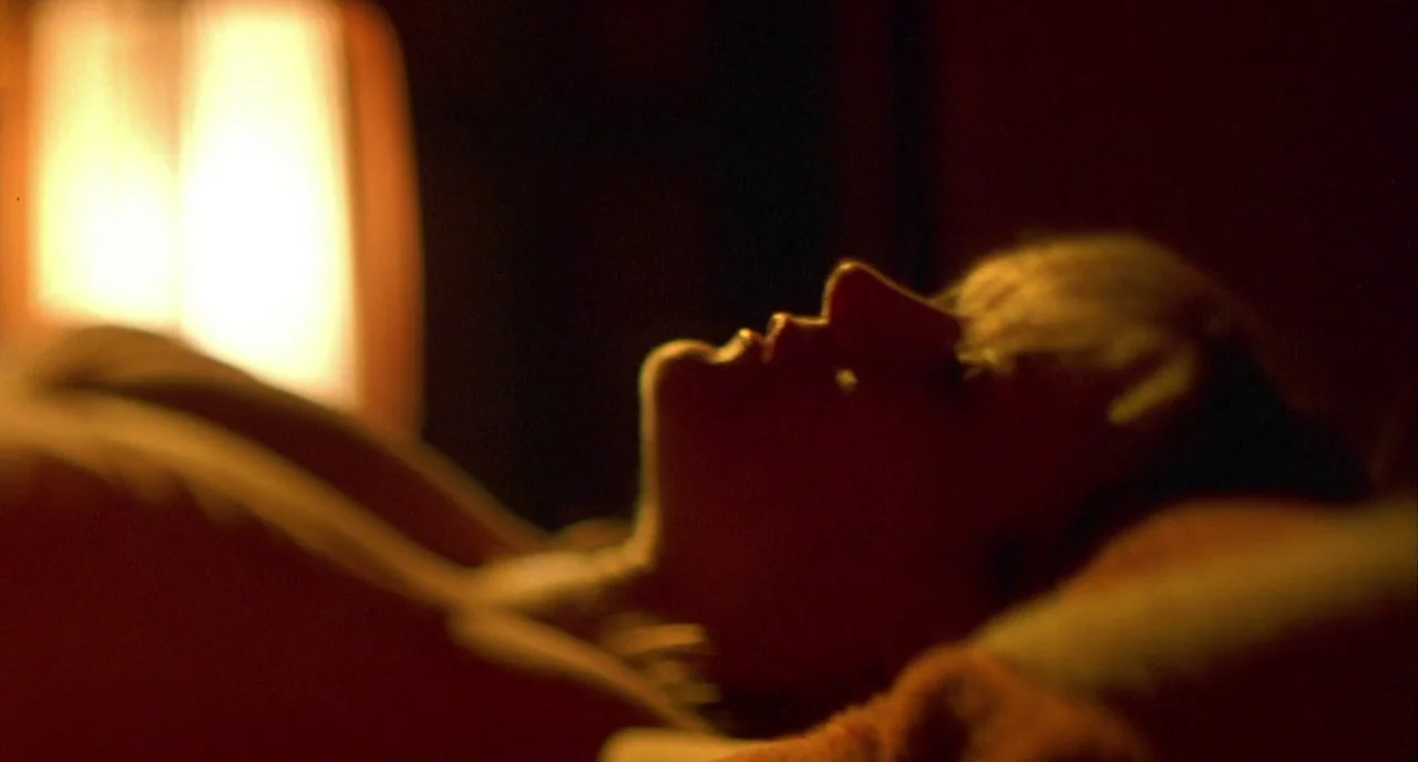 In The Cut (2003) movie still: closeup — A dark, dimly lit bedroom features a person sleeping on a pillow. The subject lies on their side with eyes…