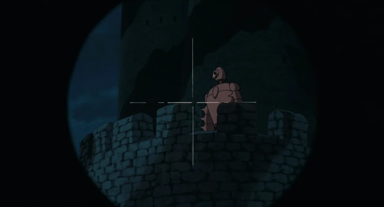 Castle in the Sky (1986) movie still: wide — A stone castle wall at night is viewed through a circular sniper scope. A lone mechanical robot stands…