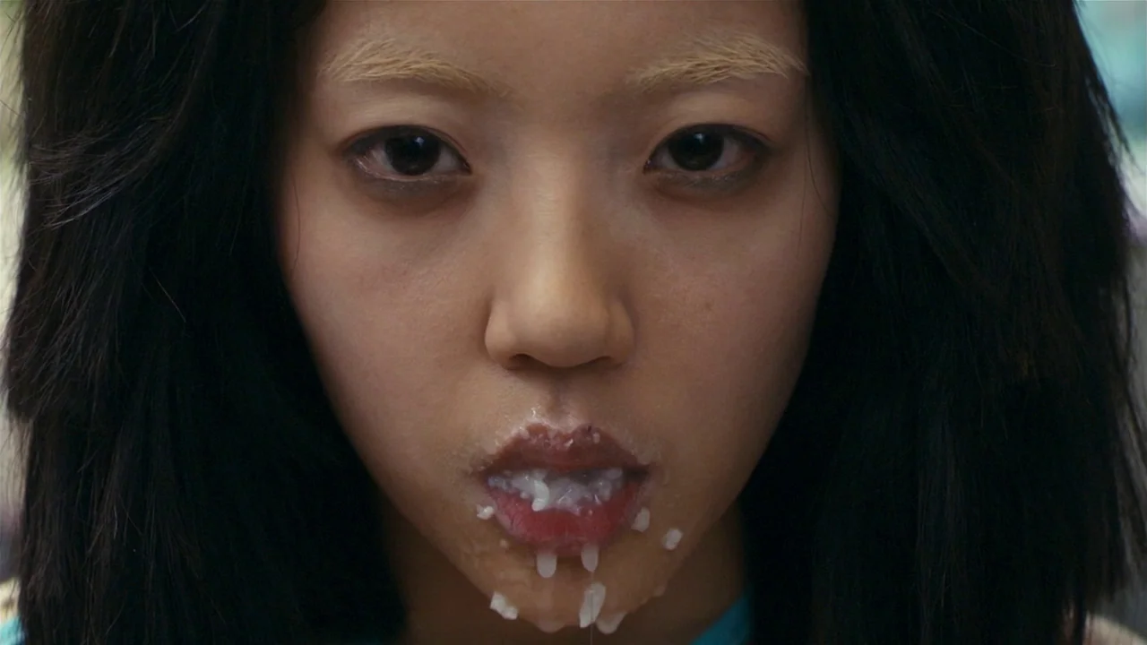 I’m A Cyborg, But That’s Okay (2006) movie still: closeup — A close-up view shows a young woman with bleached eyebrows facing the camera directly.…