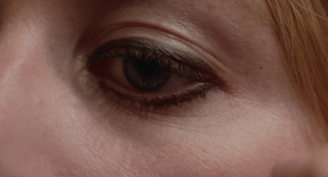 The Rain People (1969) movie still: closeup — An extreme close-up view focuses on a single human eye and surrounding skin. Fine textures of the…