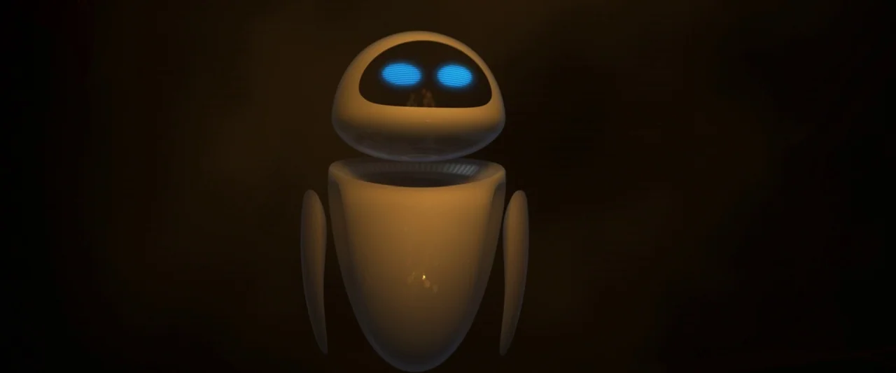 Wall-E (2008) movie still: medium — A featureless dark void provides the backdrop for a futuristic floating robot. The robot remains stationary…
