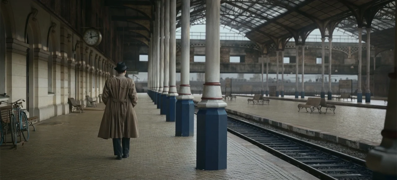 One Life (2023) movie still: fullbody — An empty, covered outdoor train station platform with iron columns and tile flooring. A man in a tan trench…