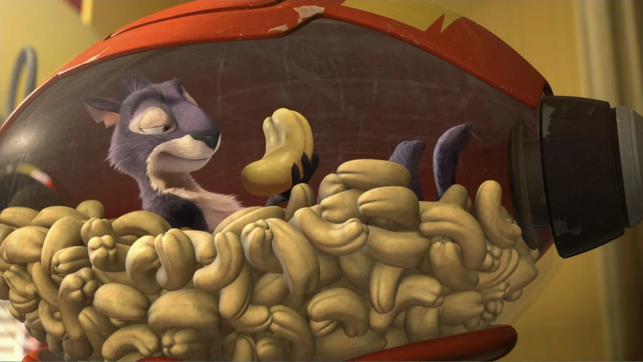 The Nut Job (2014) movie still: medium — A stylized animated squirrel sits reclined inside a large transparent glass jar. The jar is filled to the…